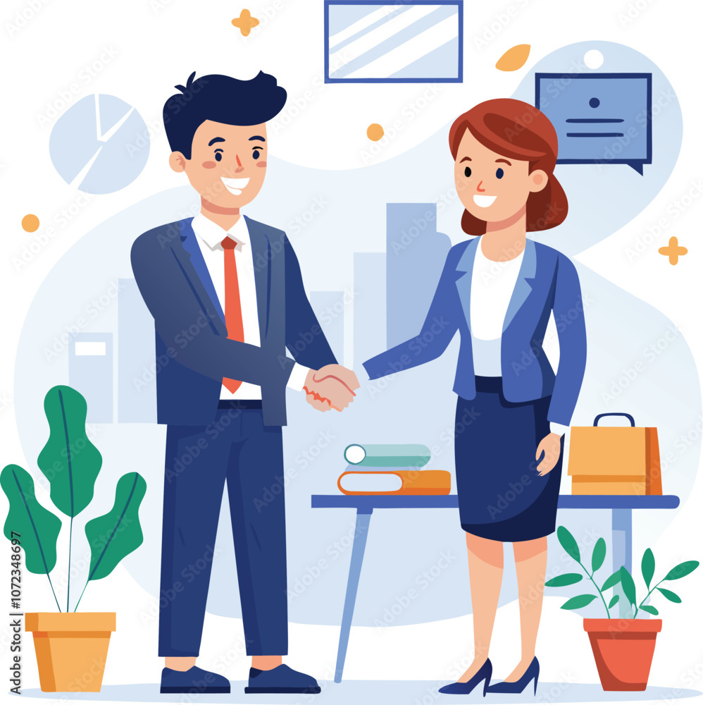 Fototapeta premium People shaking hands at work - Two businesspeople, man and woman doing handshake in office at work while smiling over business agreement and deal. Flat design stock illustration on white background
