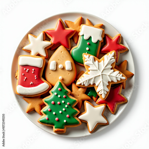 Festively decorated Christmas cookies shaped like trees, stars, stockings, and snowflakes, beautifully arranged on a plate to celebrate the joy and warmth of the holiday season with delicious treats