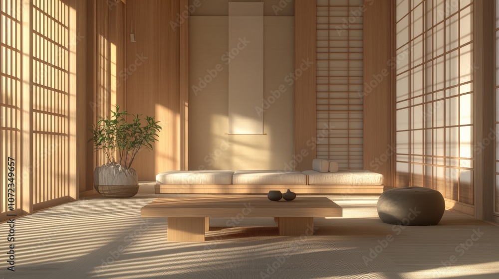Fototapeta premium A serene, minimalist interior showcasing natural light and simple design elements.