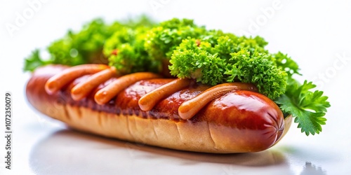 Tilt-Shift Photography of a Juicy Sausage on a White Background with Artistic Depth of Field and Vibrant Colors for Culinary and Food-Related Projects