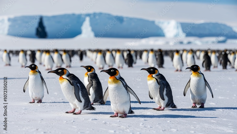 Fototapeta premium A flock of penguins on the snowy Antarctic landscape.