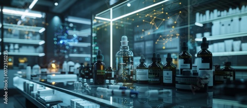 Bottles and containers are neatly arranged on a glass shelf in a modern laboratory. Concept of a futuristic and high-tech laboratory environment. For illustrating scientific research