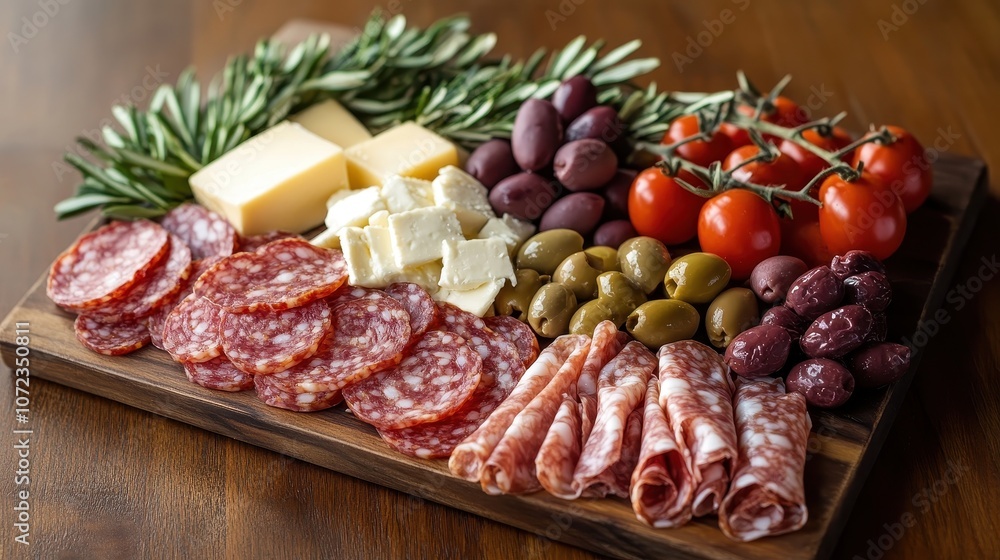 An antipasto platter with slices of salami, olives, cheese, and tomatoes to complement a wine pairing or Mediterranean meal. An antipasto platter with slices of salami, olives, cheese, and tomatoes to complement a wine pairing or Mediterranean meal.