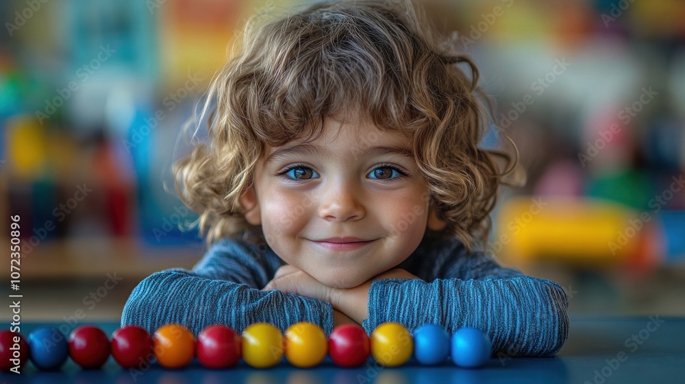 A smiling child with curly hair, playing with colorful beads. A smiling child with curly hair, playing with colorful beads.