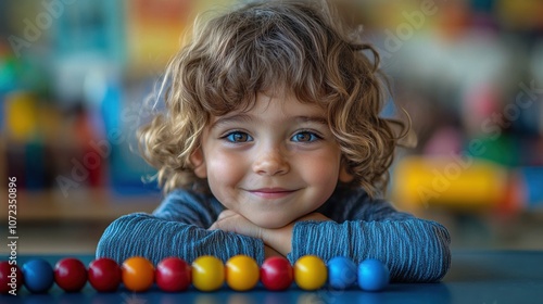 A smiling child with curly hair, playing with colorful beads.
