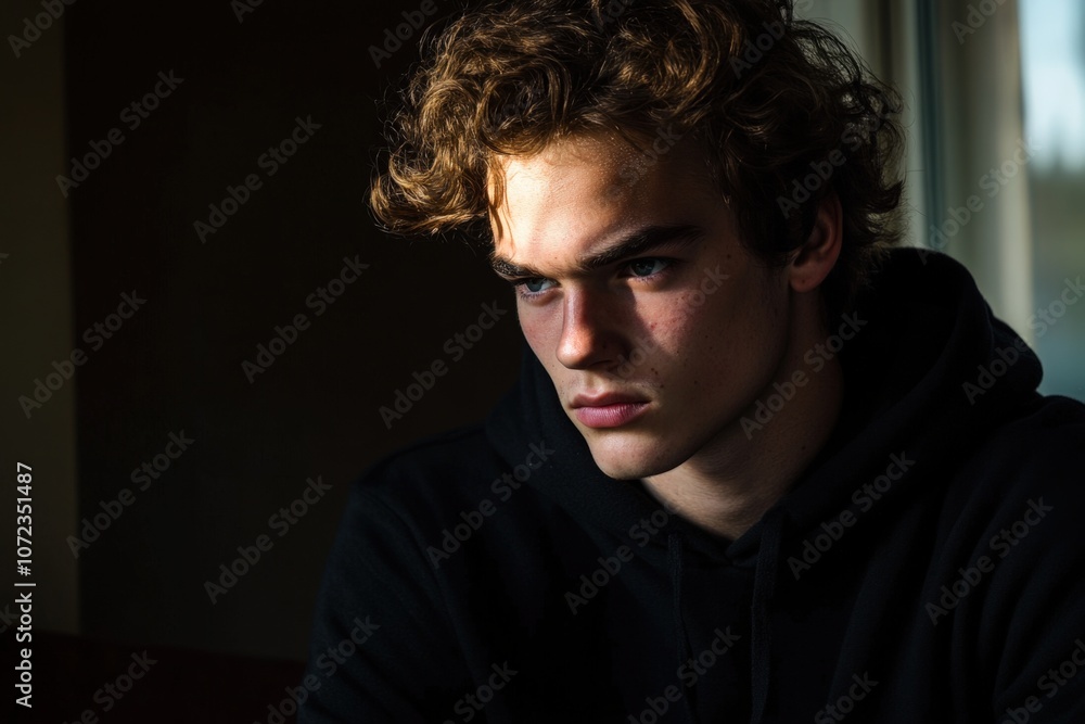 Obraz premium Pensive young man with curly hair gazing out a window