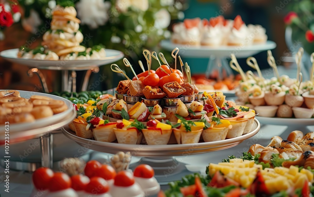 Elevated sophisticated catering poster. Lavish table is covered with variety of premium food, including gourmet meat, fish, vegetables, fruit, bespoke appetizers on blurred background, defocused. Elevated sophisticated catering poster. Lavish table is covered with variety of premium food, including gourmet meat, fish, vegetables, fruit, bespoke appetizers on blurred background, defocused.