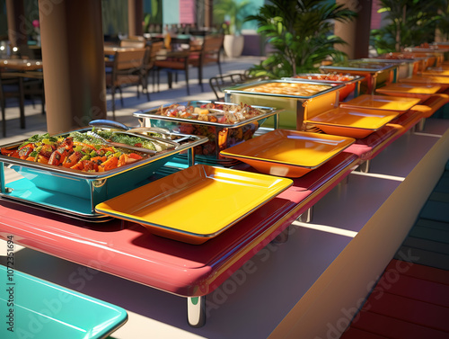 Wallpaper Mural Outdoor Hotel Restaurant Featuring Line of Buffet Heated Trays for Dining Torontodigital.ca