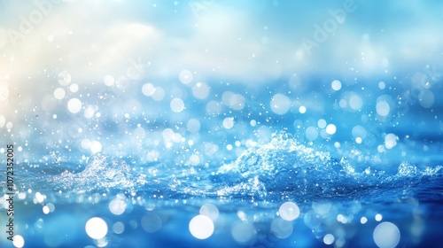 Water surface texture with bubbles and splashes that is defocused blurring transparent blue in color. Trendy abstract background of nature. The sea ripples in the sunlight with copy