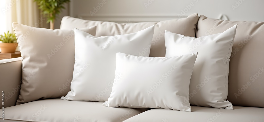 Obraz premium White decorative pillows arranged on a soft couch in a cozy living room