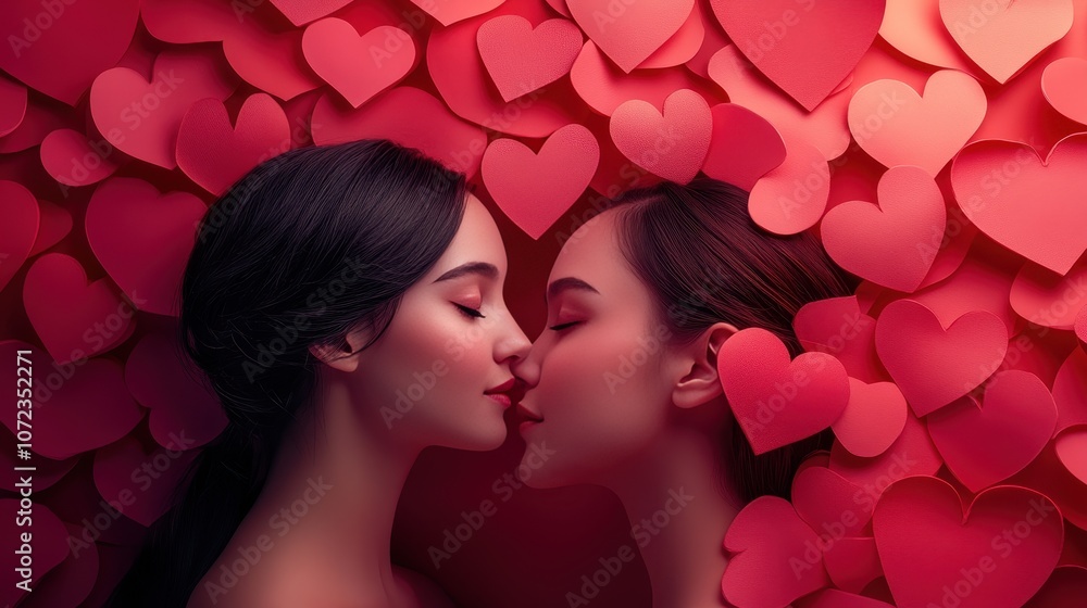 Valentine's Day, love concept. Happy, young and beautiful couple celebrating valentine's Day. Abstract minimalist and surreal background with classic shape hearts. Valentine's Day, love concept. Happy, young and beautiful couple celebrating valentine's Day. Abstract minimalist and surreal background with classic shape hearts.