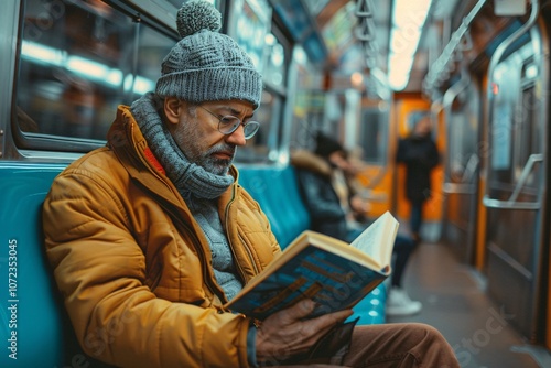 A man in a warm coat and knitted beanie focused on reading a book while seated on a subway train. The ambiance suggests a chilly evening as fellow commuters sit nearby