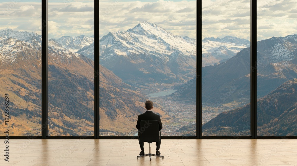 Fototapeta premium A person contemplatively gazing at stunning mountains through a large glass window.