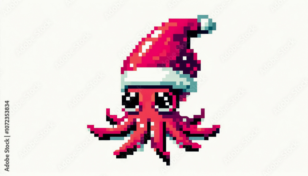 christmas themed 8bit pixel art illustration of a squid