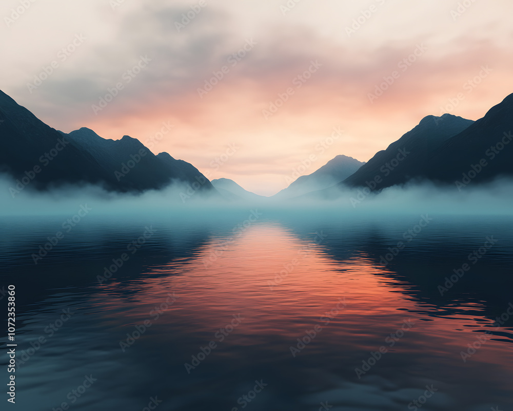 Obraz premium Experience the serene beauty of drifting fog over a still lake at dawn in tranquil foggy weather