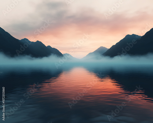 Experience the serene beauty of drifting fog over a still lake at dawn in tranquil foggy weather