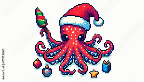 christmas themed 8bit pixel art illustration of a octopus photo