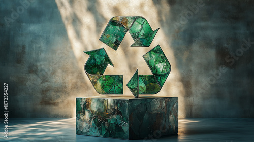 Elegant recycling symbol made of glass in artistic setting with warm lighting