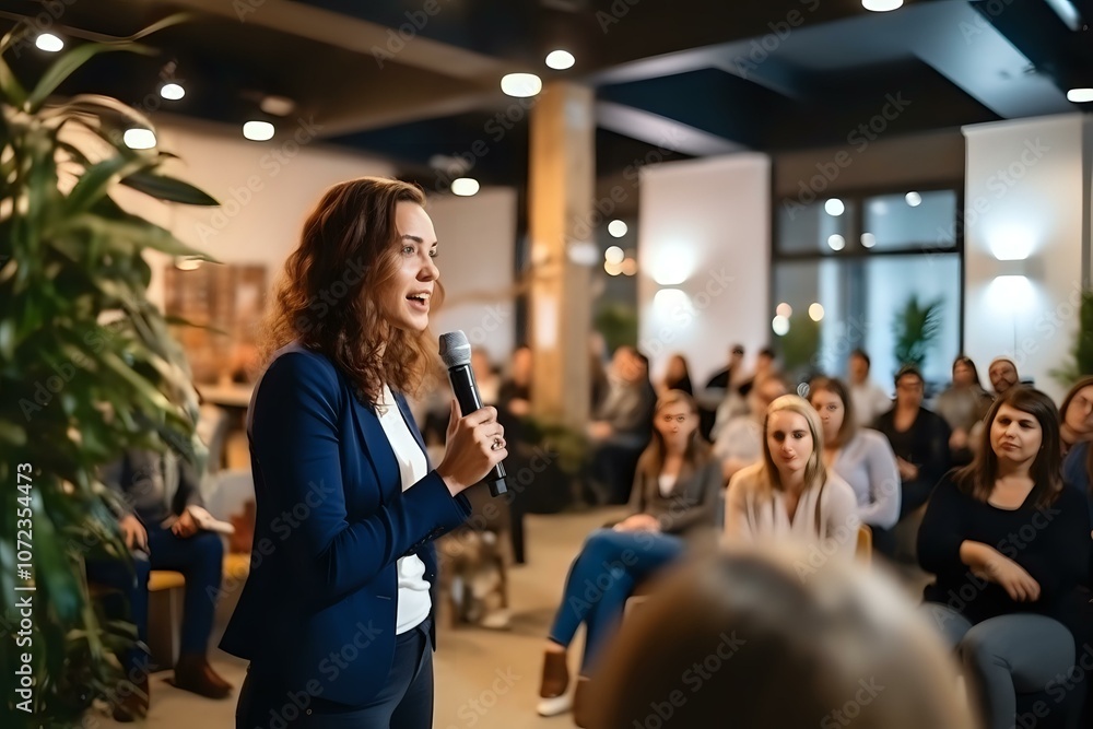 A confident woman stands and speaks into a microphone, addressing a group in a modern conference room. Ideal for leadership, public speaking, and business presentation themes. A confident woman stands and speaks into a microphone, addressing a group in a modern conference room. Ideal for leadership, public speaking, and business presentation themes.
