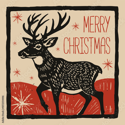 Rustic Merry Christmas Deer Illustration: Striking Monochrome Woodcut Design with Pop of Red for Holiday Cards, Invitations, and Seasonal Decor. Festive Deer Woodcut Graphic.