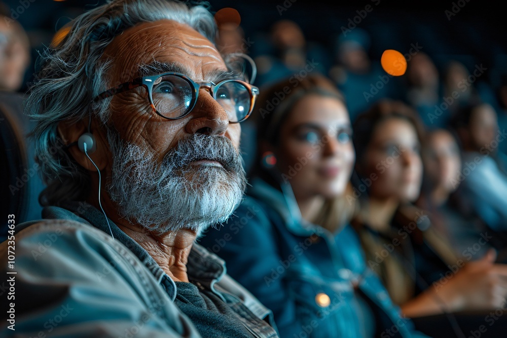 A group of friends sits together in a dimly lit cinema, fully absorbed in the film A group of friends sits together in a dimly lit cinema, fully absorbed in the film