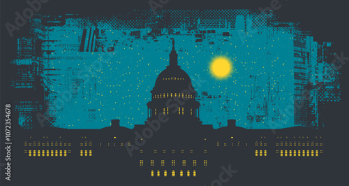 Vector night landscape with US Capitol Building in Washington DC in art grunge background of spots and geometric shapes from elements of big city architecture. suitable for logo, t-shirt design.