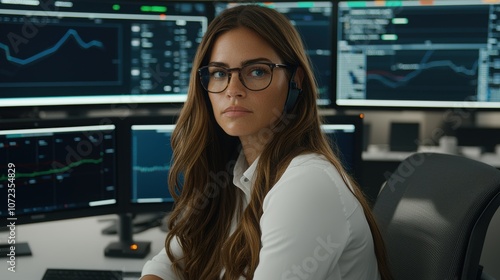 Professional woman analyzing data on multiple computer screens in a modern office.