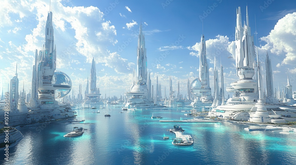 Fototapeta premium A stunning futuristic cityscape with towering skyscrapers and tranquil waters, showcasing advanced architecture and technology.