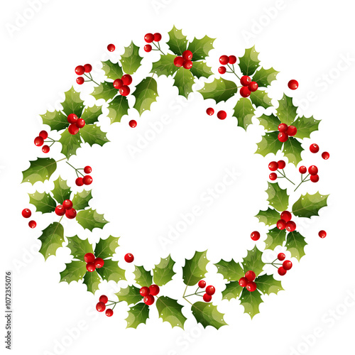 Christmas round wreath of holly, green leaves and red berries, holly. Vector New Year wreath with winter floral elements. Christmas decoration on white background for greeting card.