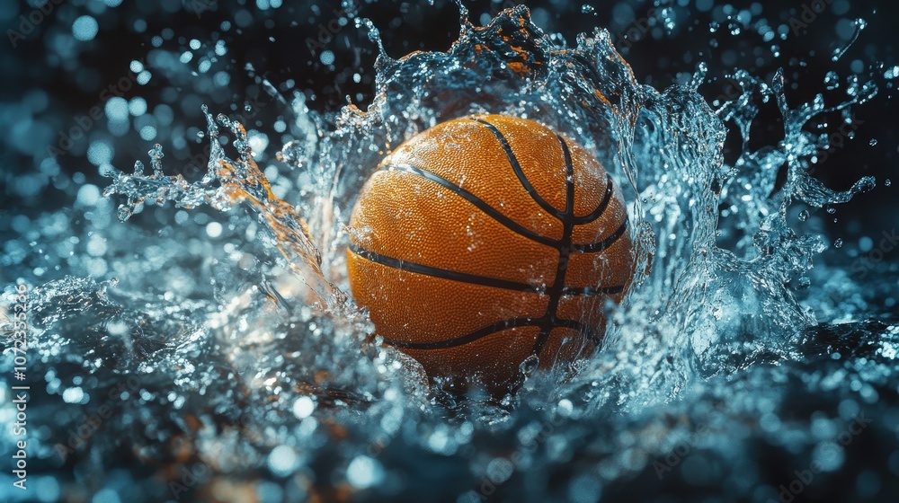 Detail of basketball ball hitting the basket. On dark background Detail of basketball ball hitting the basket. On dark background