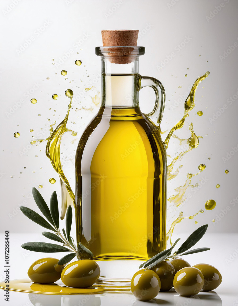 Glass bottle of golden olive oil with fresh olives and leaves, surrounded by dynamic oil splashes on white background