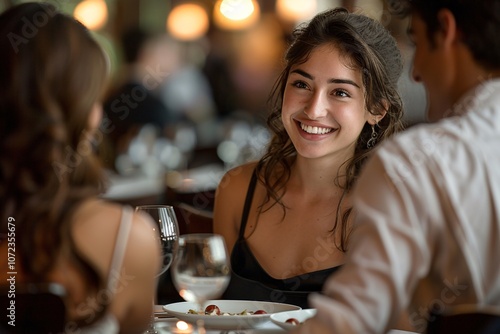 In a cozy, upscale restaurant, a young woman beams with joy as she shares a delightful meal with her partner and friend, creating a warm atmosphere of friendship and laughter