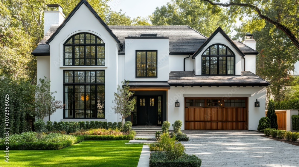 Beautiful white house with front yard and garage, modern design Beautiful white house with front yard and garage, modern design