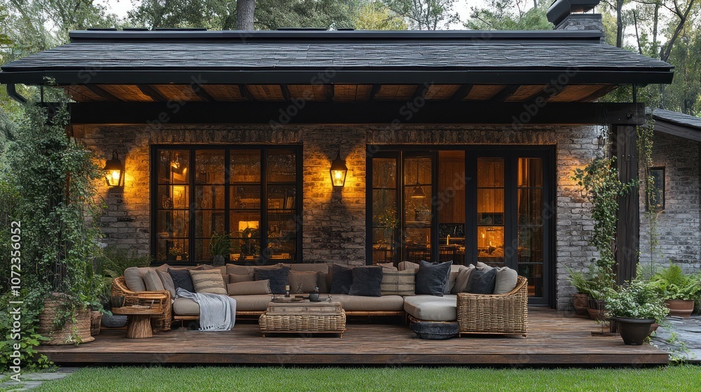 Cozy outdoor seating area with natural decor and warm lighting. Cozy outdoor seating area with natural decor and warm lighting.