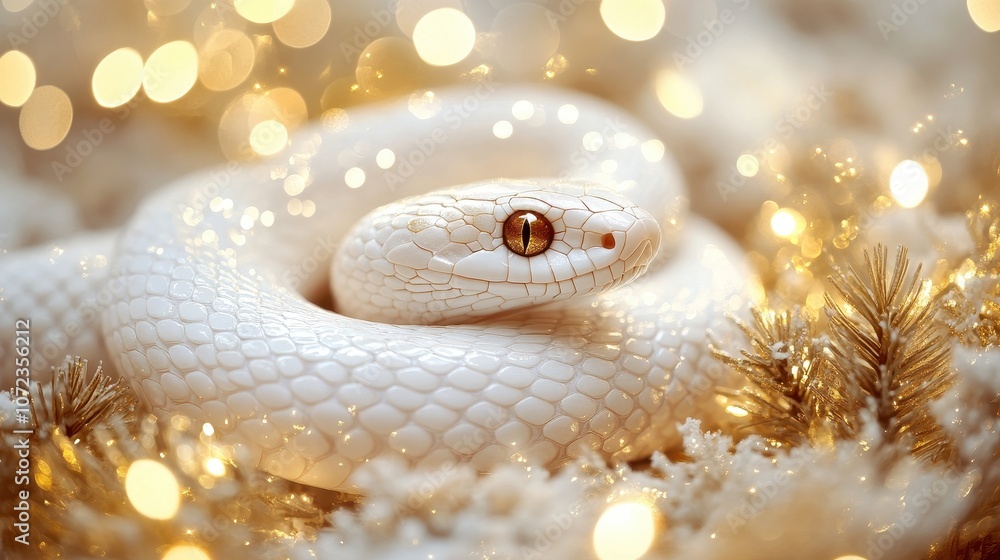 A cute white snake on Christmas and new year background. The Chinese calendar of 2025 year. New Year Background with the animal.with gold bokeh A cute white snake on Christmas and new year background. The Chinese calendar of 2025 year. New Year Background with the animal.with gold bokeh