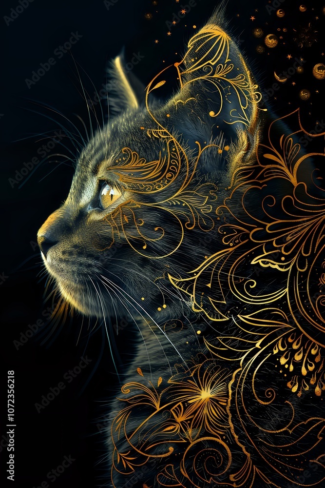 A digitally enhanced image of a cat, with intricate golden swirls and floral elements seamlessly blending with its fur, creating an elegant, artistic composition. A digitally enhanced image of a cat, with intricate golden swirls and floral elements seamlessly blending with its fur, creating an elegant, artistic composition.