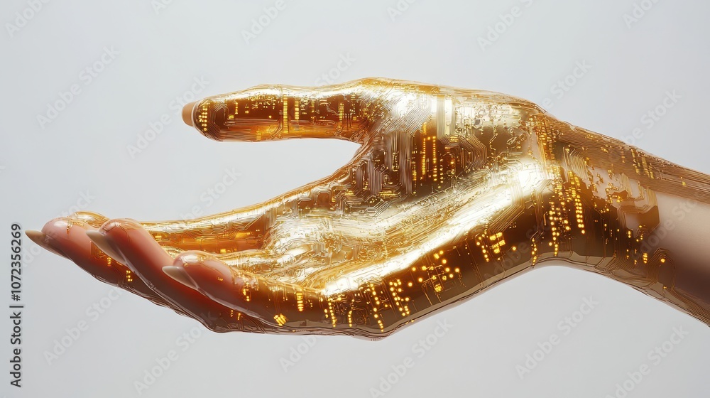 Obraz premium Hand gold white background electronics.
