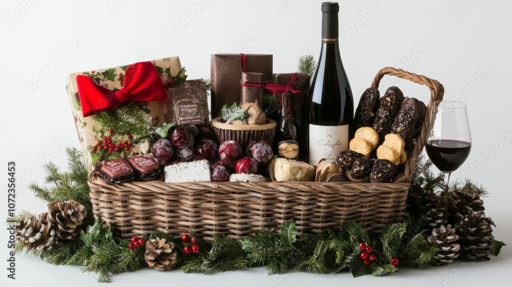 Gourmet Gift Basket: A luxurious, festive gift basket overflowing with delectable treats for the holidays. A perfect present for clients, friends, or family. Gourmet Gift Basket: A luxurious, festive gift basket overflowing with delectable treats for the holidays. A perfect present for clients, friends, or family.