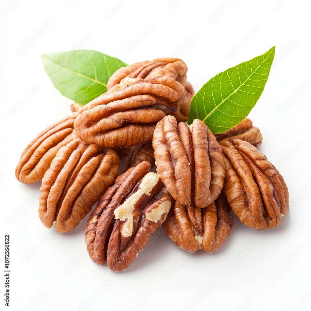 A close-up shot of a cluster of pecan nuts, showcasing their natural beauty and rich texture. The addition of fresh leaves adds a touch of freshness and vibrancy. A close-up shot of a cluster of pecan nuts, showcasing their natural beauty and rich texture. The addition of fresh leaves adds a touch of freshness and vibrancy.