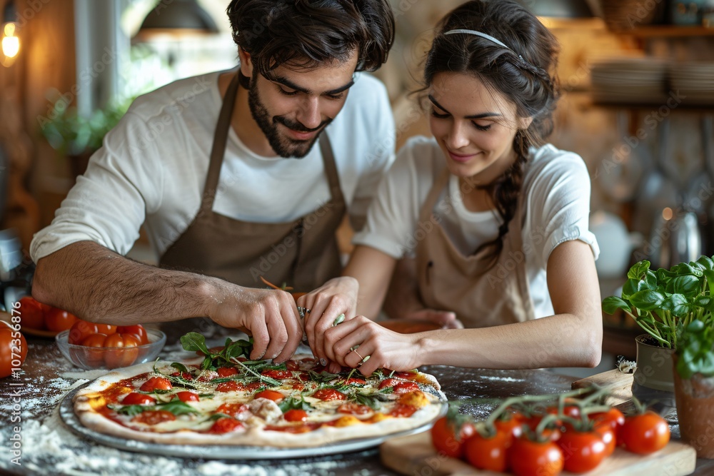 A couple enjoys a delightful cooking session in their warm kitchen, crafting a homemade pizza with fresh tomatoes and herbs. Laughter fills the air as they share this creative experience A couple enjoys a delightful cooking session in their warm kitchen, crafting a homemade pizza with fresh tomatoes and herbs. Laughter fills the air as they share this creative experience