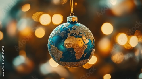 A Mesmerizing Close-Up View of a Christmas Bauble Shaped Like a Globe, Radiating Festive Charm and Global Celebration