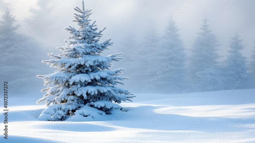 Isolated fir tree standing in a blanket of fresh snow, capturing the tranquil essence of winter Isolated fir tree standing in a blanket of fresh snow, capturing the tranquil essence of winter