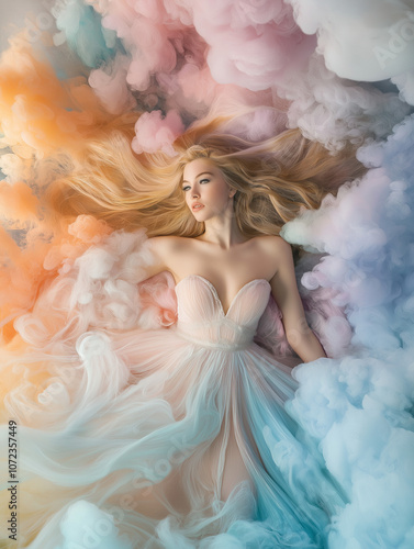 Dreamy Woman in Pastel Clouds and Flowing Dress. The soft colors and delicate textures evoke a sense of tranquility and dreamlike beauty.