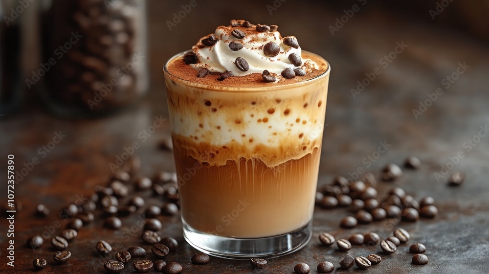 Creamy coffee drink topped with whipped cream and chocolate sprinkles. Creamy coffee drink topped with whipped cream and chocolate sprinkles.