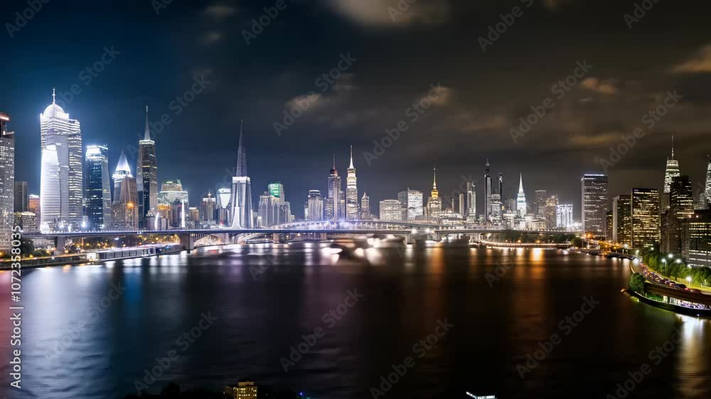 Time lapse capturing the stunning skyline view from a bridge crossing the river at sunset Time lapse capturing the stunning skyline view from a bridge crossing the river at sunset