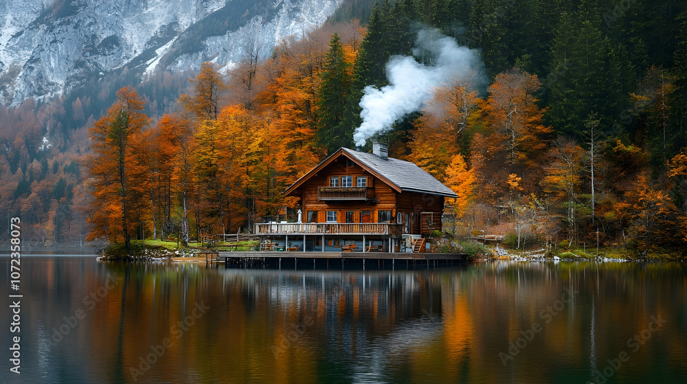 A cozy cabin with smoke rising from its chimney sits on the edge of a tranquil lake surrounded by autumn foliage and snow-capped mountains. A cozy cabin with smoke rising from its chimney sits on the edge of a tranquil lake surrounded by autumn foliage and snow-capped mountains.