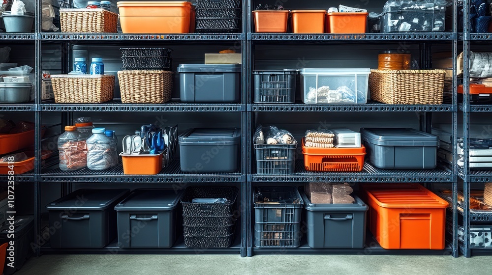 Organized storage shelves with various containers and baskets. Organized storage shelves with various containers and baskets.