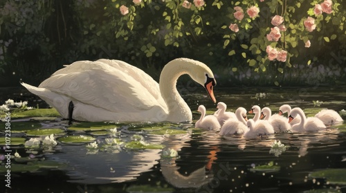 Fototapeta Naklejka Na Ścianę i Meble -  A Swan Family in a Tranquil Pond