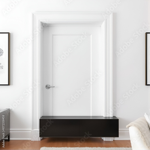 Sleek, minimalist door casing features clean lines, subtle molding, and a crisp white finish, blending seamlessly into a modern interior design aesthetic. photo