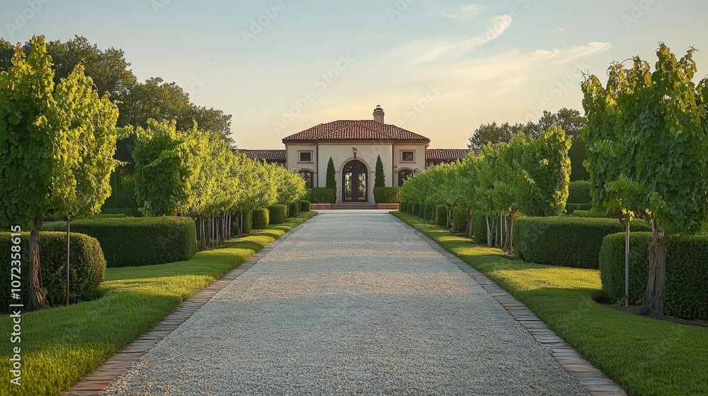 Naklejka premium Vineyard estate with driveway lined by vine rows